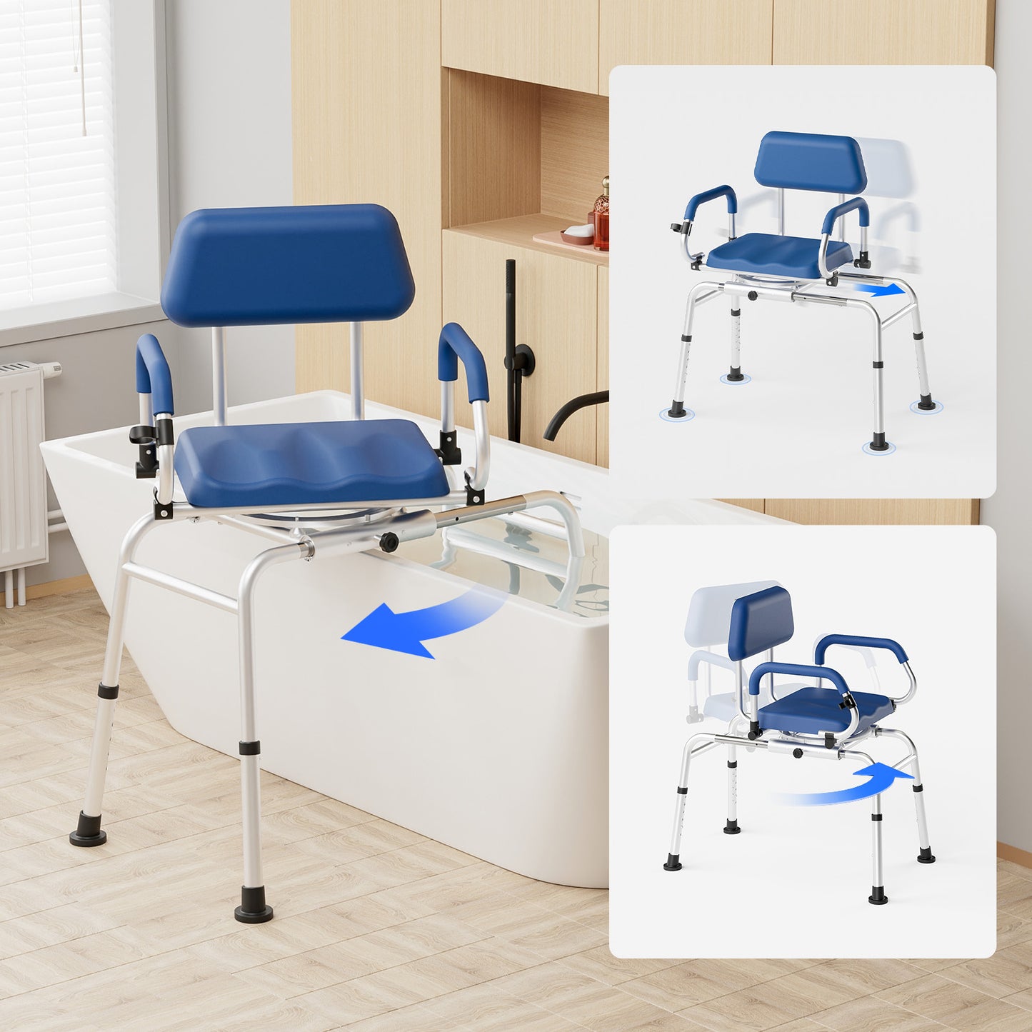 Loyoda Sliding Shower Chair Tub Transfer Bench with Swivel Seat Padded Seat and Backrest Pivoting Arms Height Adjustable for Tubs Inside Shower for Handicap & Seniors