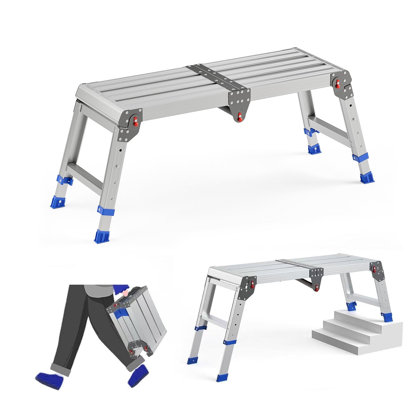 Loyoda Aluminum Foldable Step Stool Adjustable Height Long Work Platform Step Ladder