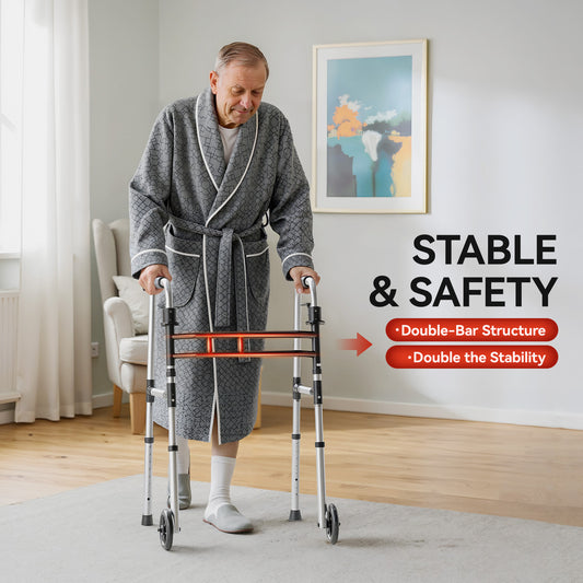 Loyoda Folding Walker for Seniors | 5'' Wheels, Height & Width Adjustable, 350 lb, Silver