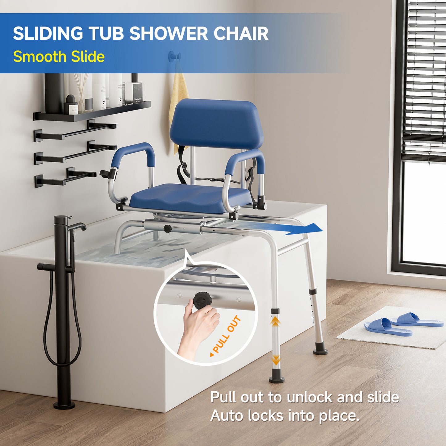 Loyoda Sliding Shower Chair Tub Transfer Bench with Swivel Seat Padded Seat and Backrest Pivoting Arms Height Adjustable for Tubs Inside Shower for Handicap & Seniors