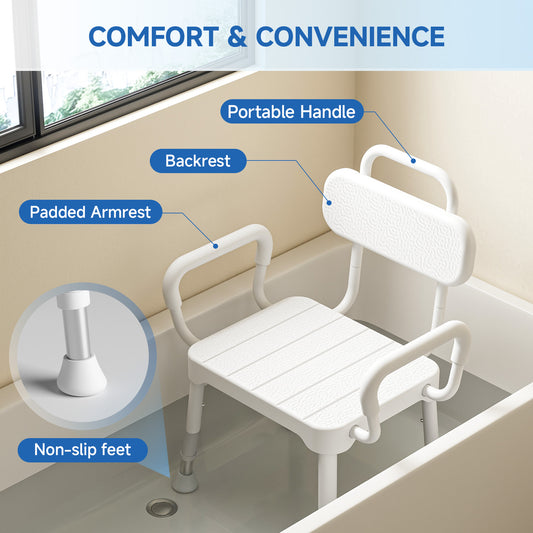 Loyoda Aluminum Shower Chair for Elderly - 350 lbs Capacity, Bath Stool with Back and Arms, Non-Slip Rubber Tips & Waterproof Rust-Proof Design for Safe Bathroom Use