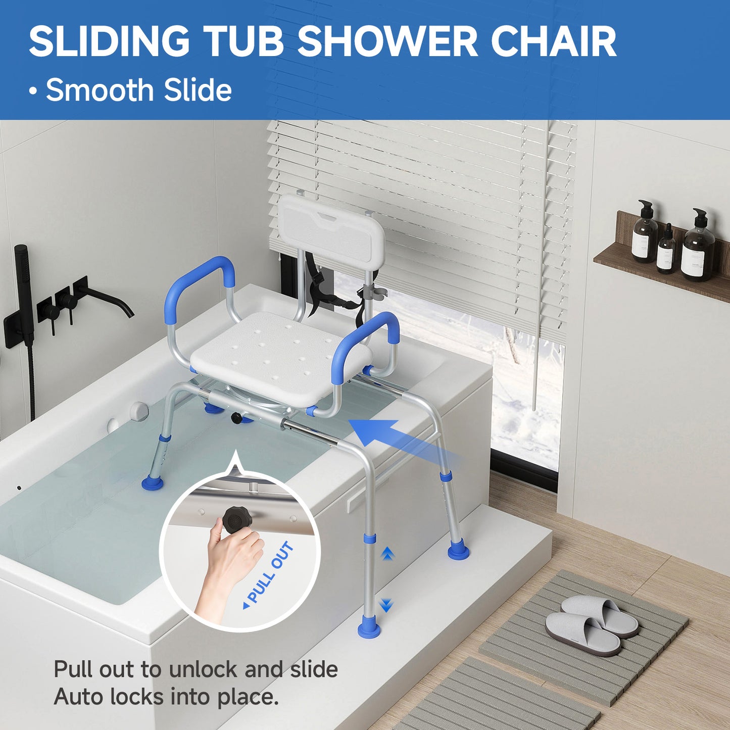 Loyoda Sliding Shower Chair Tub Transfer Bench with Swivel Seat Padded Armrest and Backrest for Handicap & Seniors