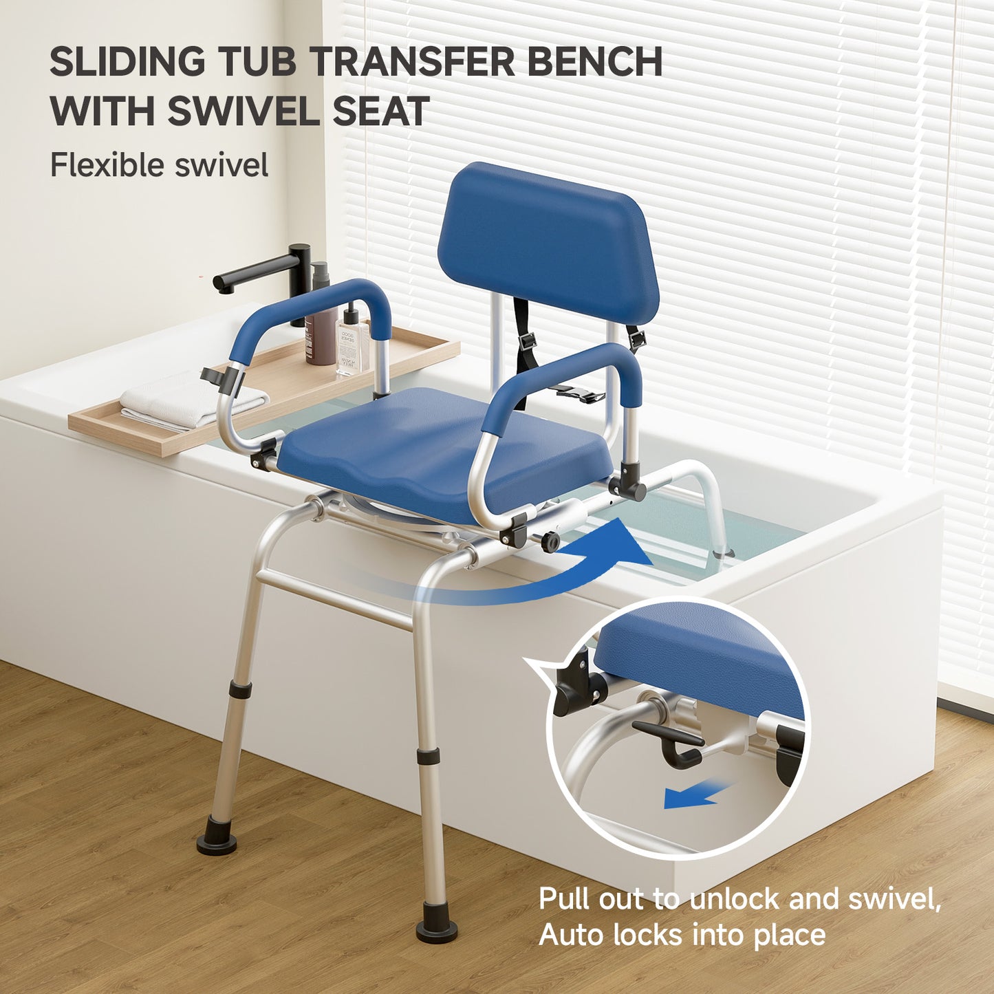 Loyoda Sliding Shower Chair Tub Transfer Bench with Swivel Seat Padded Seat and Backrest Pivoting Arms Height Adjustable for Tubs Inside Shower for Handicap & Seniors
