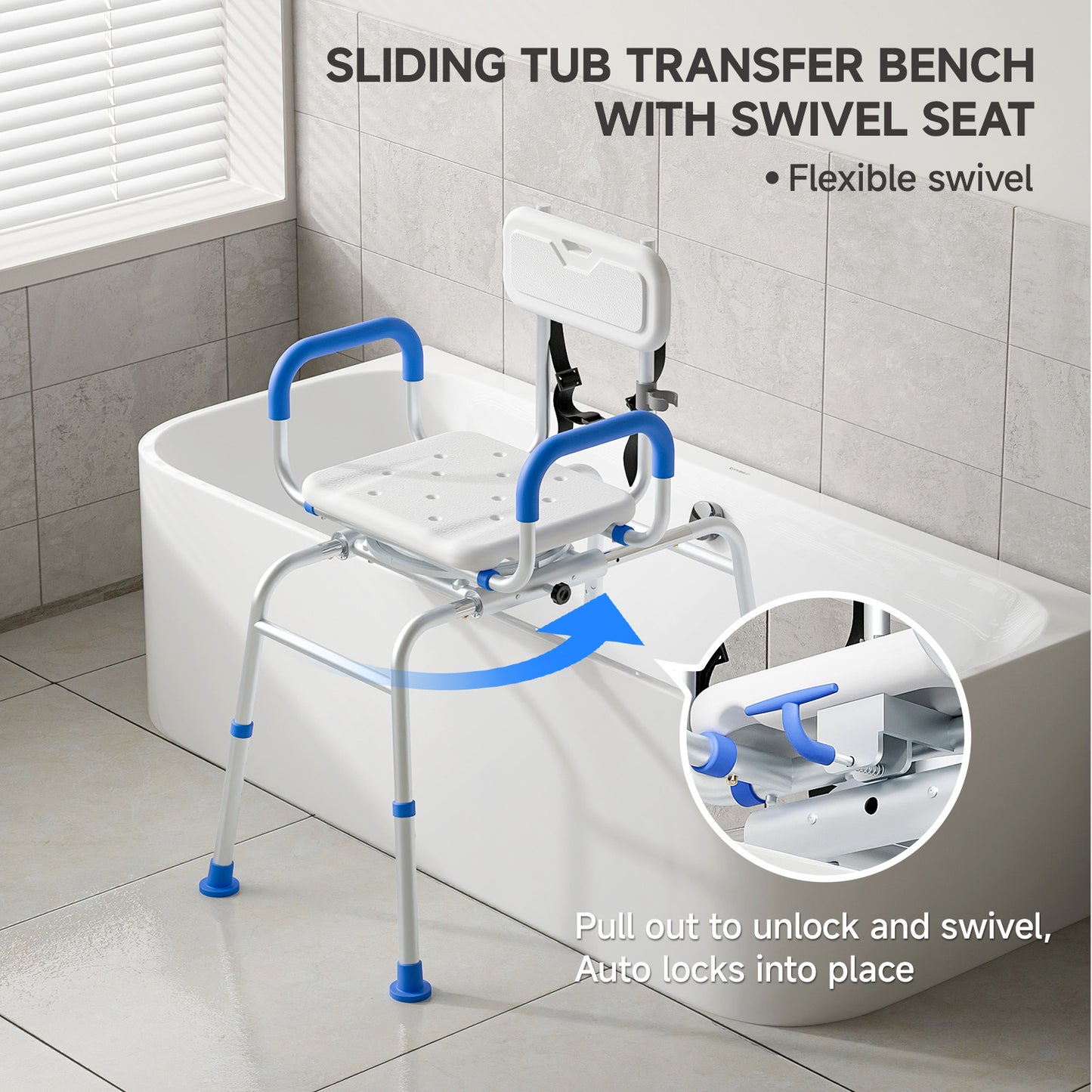 Loyoda Sliding Shower Chair Tub Transfer Bench with Swivel Seat Padded Armrest and Backrest for Handicap & Seniors