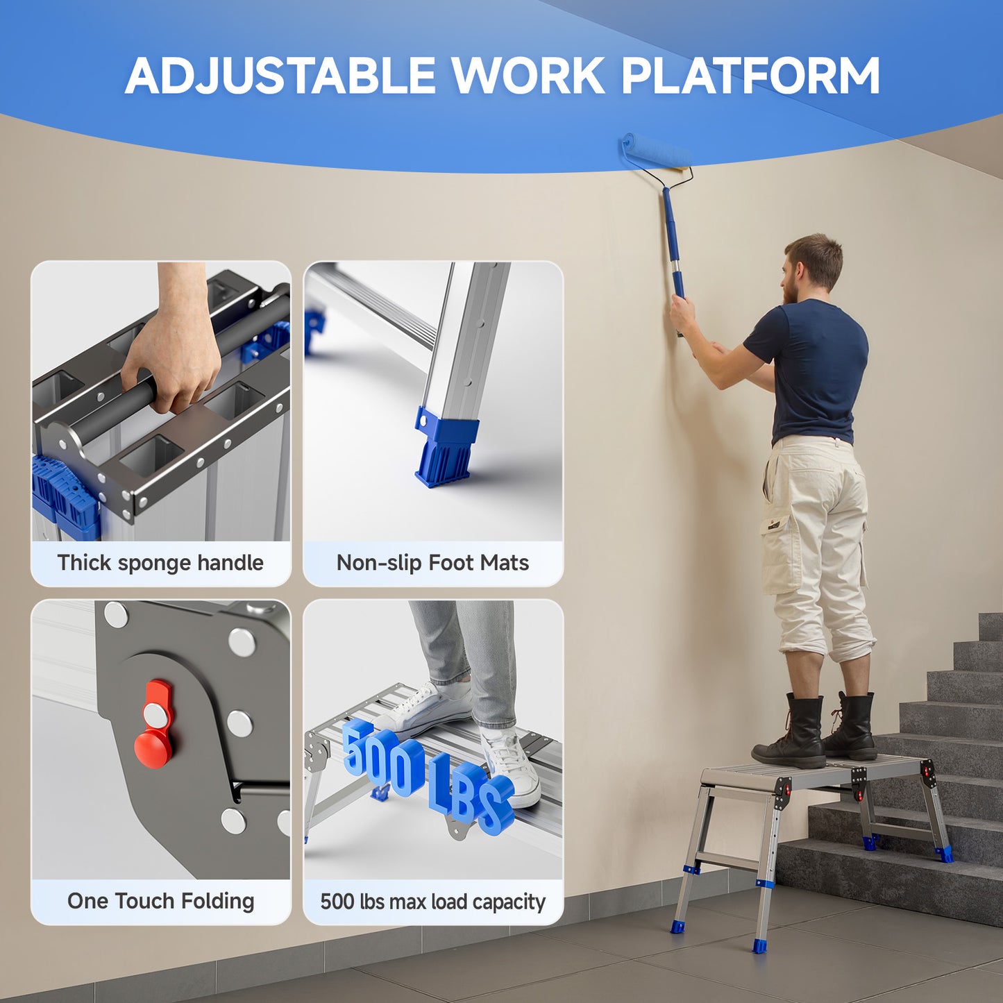 Loyoda Aluminum Foldable Step Stool Adjustable Height Long Work Platform Step Ladder
