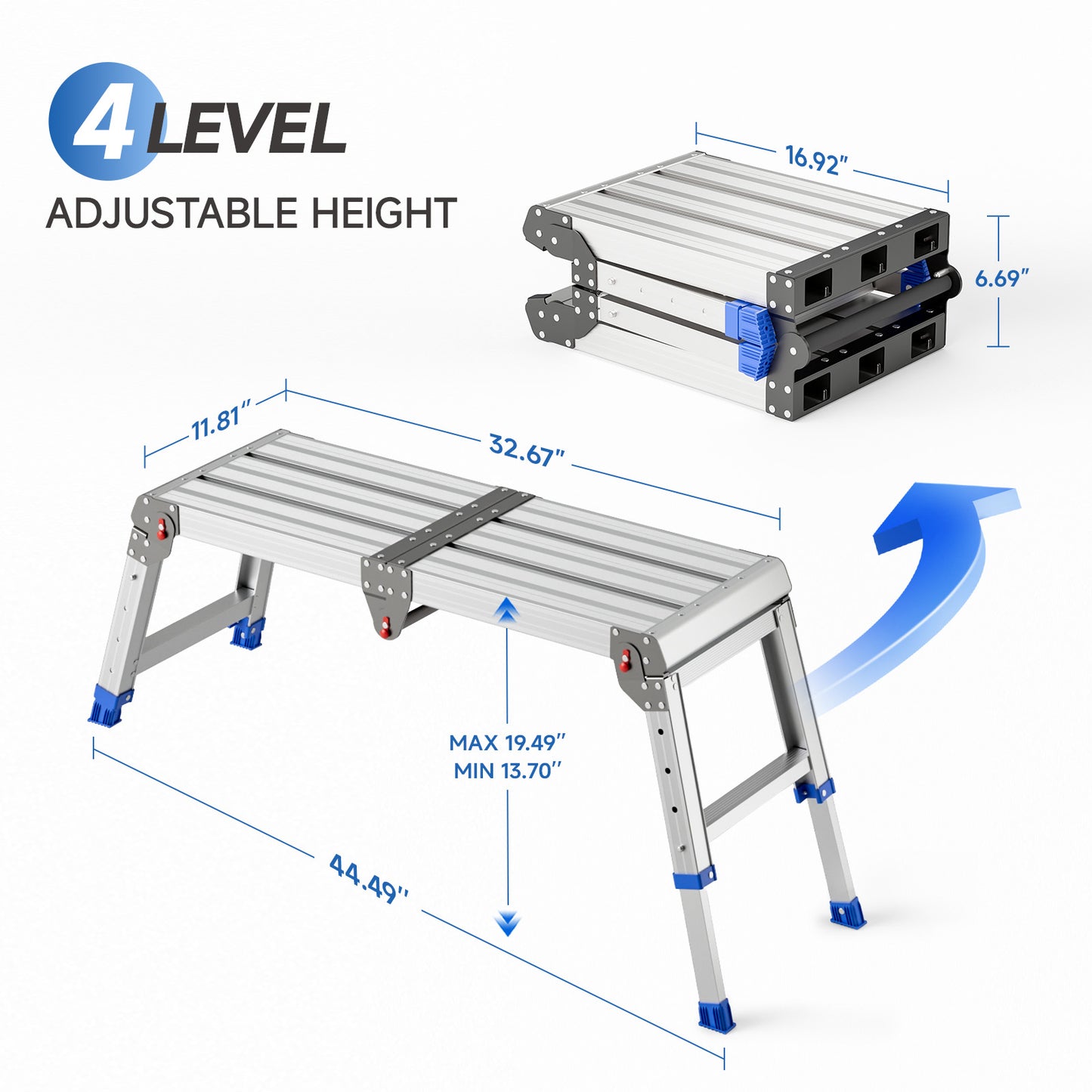 Loyoda Aluminum Foldable Step Stool Adjustable Height Long Work Platform Step Ladder