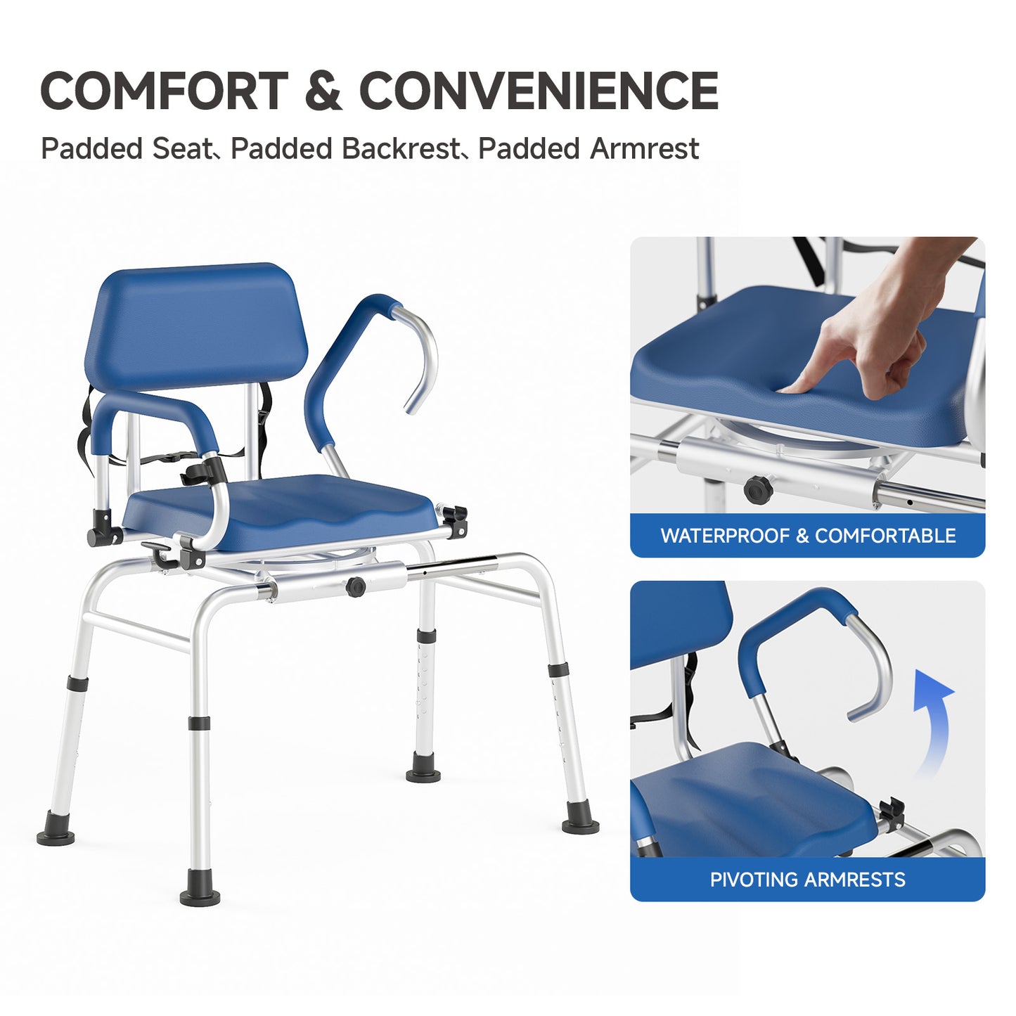 Loyoda Sliding Shower Chair Tub Transfer Bench with Swivel Seat Padded Seat and Backrest Pivoting Arms Height Adjustable for Tubs Inside Shower for Handicap & Seniors