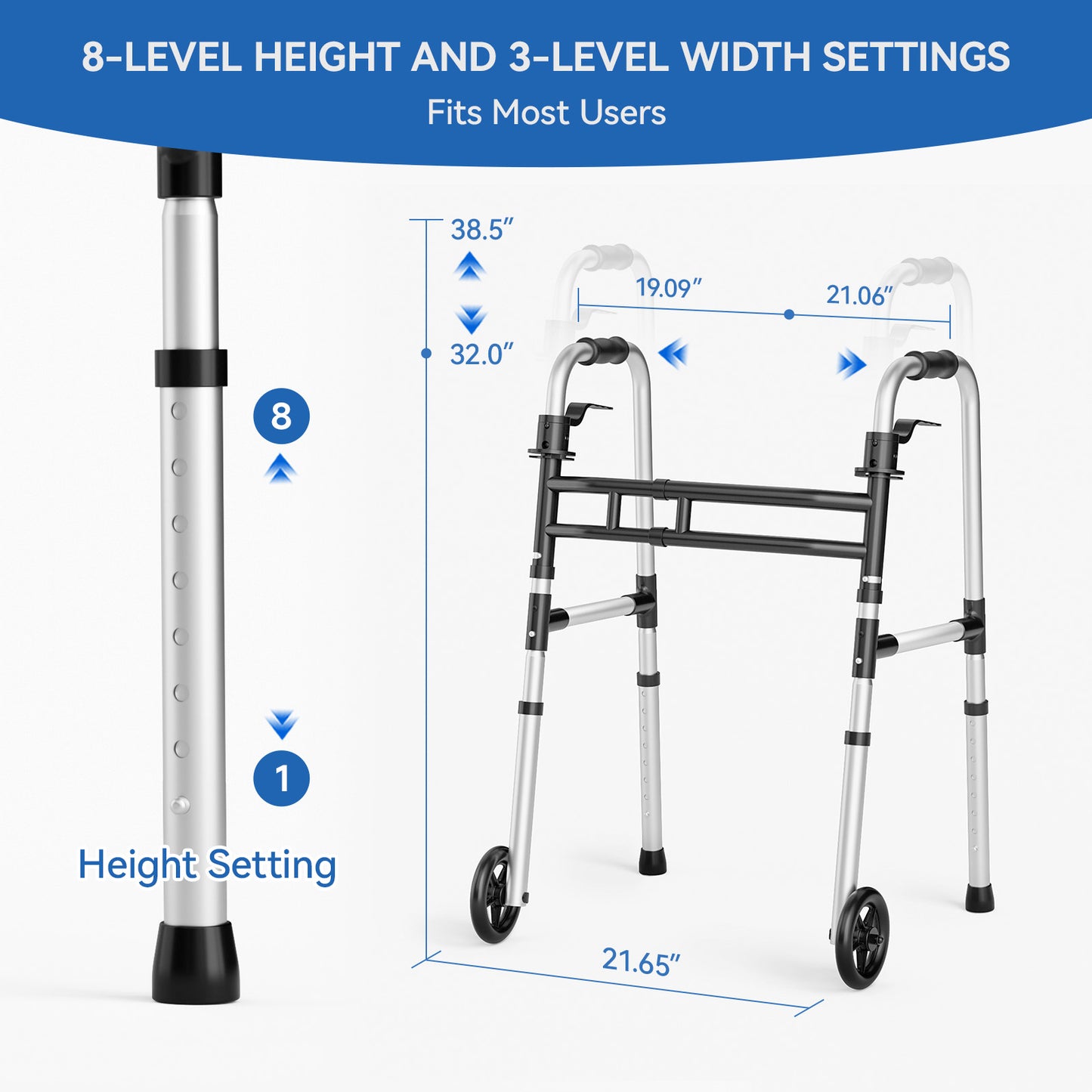 Loyoda Folding Walkers for Seniors Medical Bariatric Walker Lightweight 5'' Front Wheel Walker