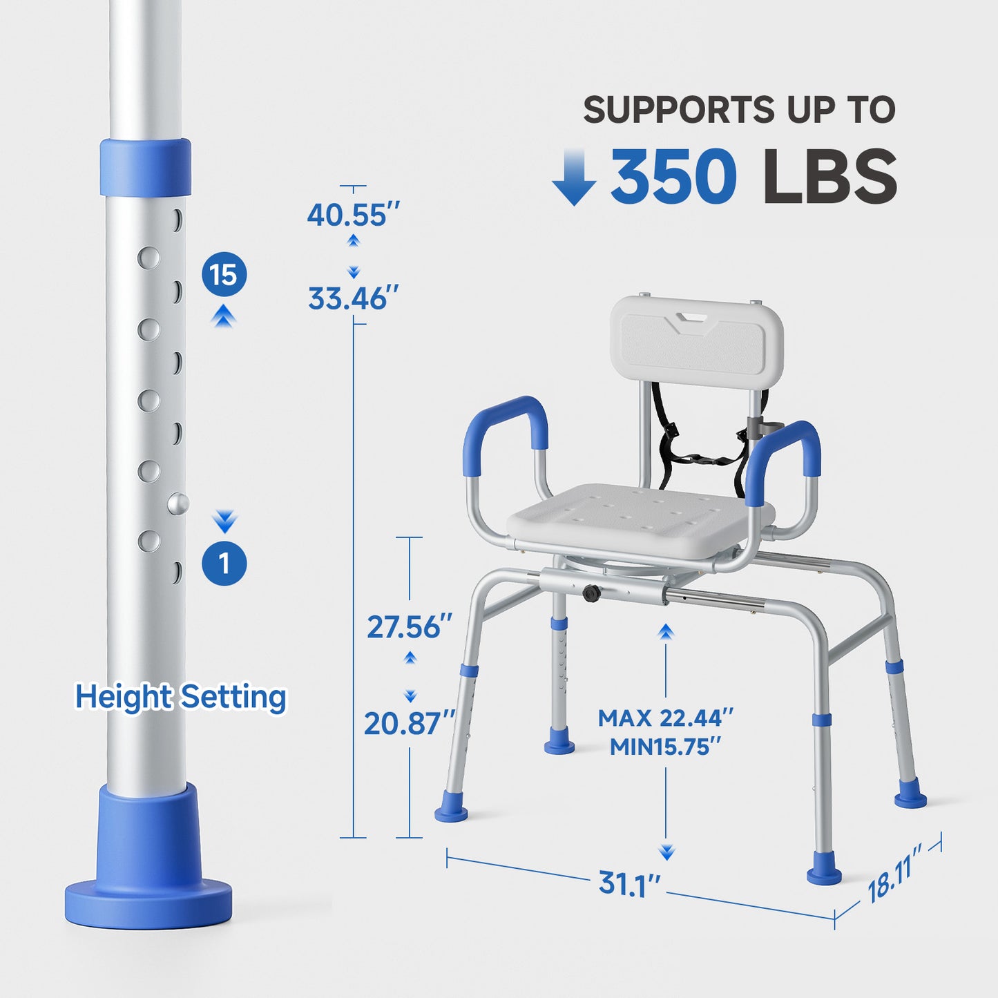 Loyoda Sliding Shower Chair Tub Transfer Bench with Swivel Seat Padded Armrest and Backrest for Handicap & Seniors