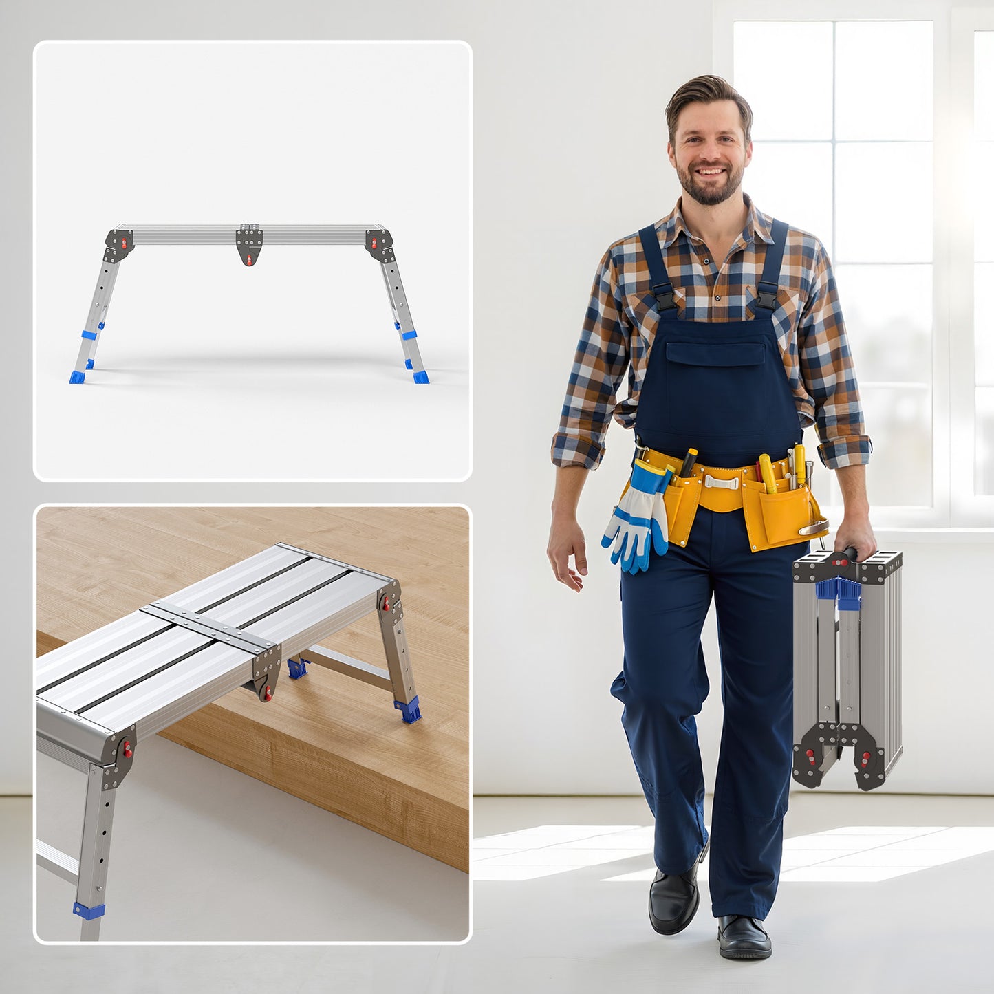 Loyoda Aluminum Foldable Step Stool Adjustable Height Long Work Platform Step Ladder