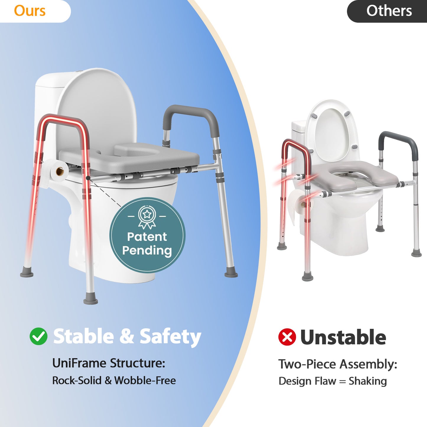 Toilet Seat Risers for Seniors, Raised Toilet Seat with Padded Handles & Seat, 400 LBS for Elderly