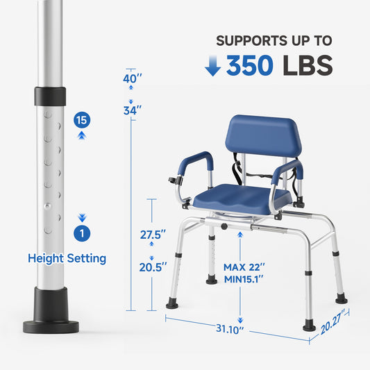 Loyoda Sliding Shower Chair Tub Transfer Bench with Swivel Seat Padded Seat and Backrest Pivoting Arms Height Adjustable for Tubs Inside Shower for Handicap & Seniors