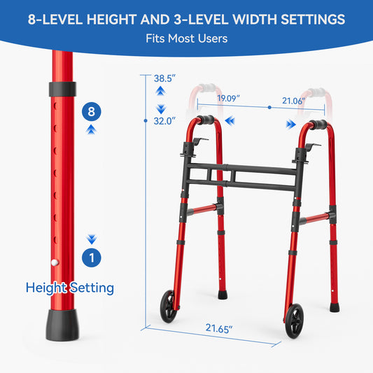 Loyoda Aluminum Walker with Wheels Adjustable Folding Walker for Elderly Handicapped Disabled