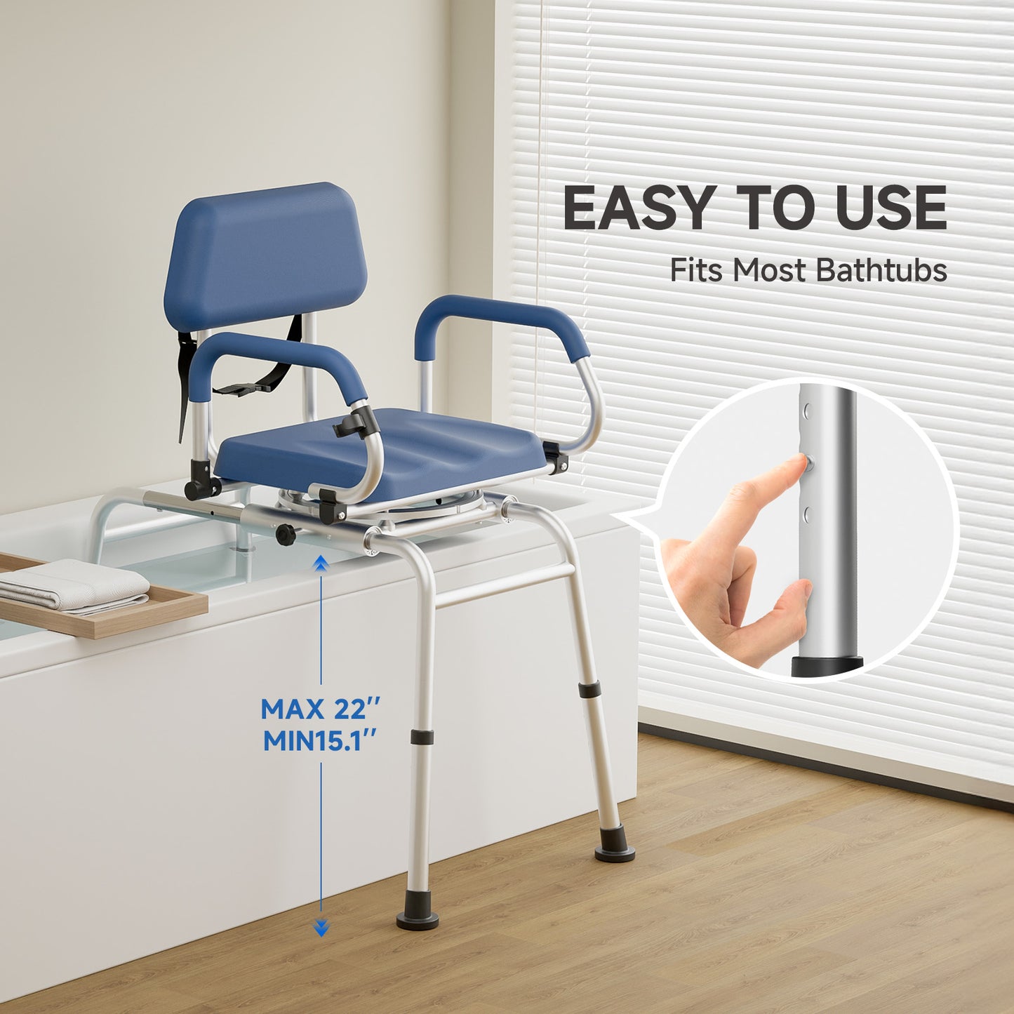 Loyoda Sliding Shower Chair Tub Transfer Bench with Swivel Seat Padded Seat and Backrest Pivoting Arms Height Adjustable for Tubs Inside Shower for Handicap & Seniors