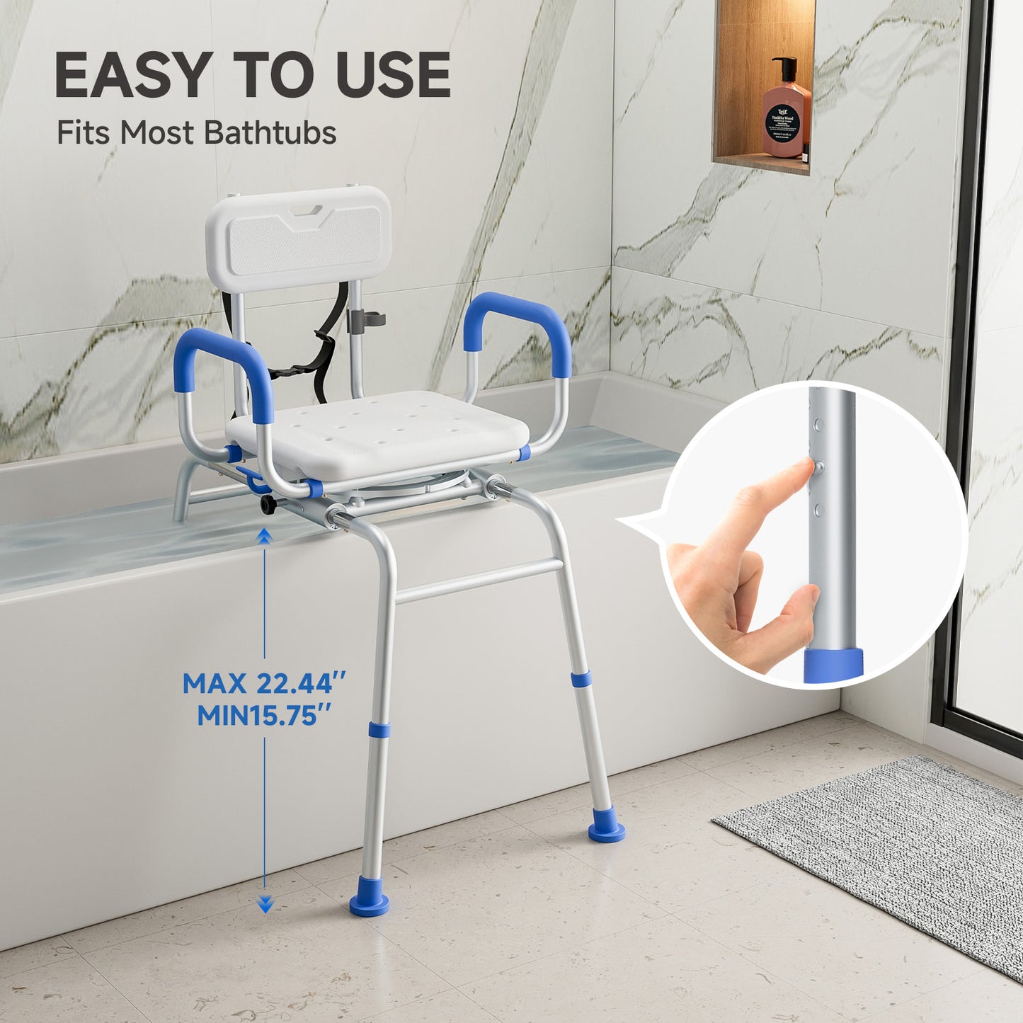 Loyoda Sliding Shower Chair Tub Transfer Bench with Swivel Seat Padded Armrest and Backrest for Handicap & Seniors