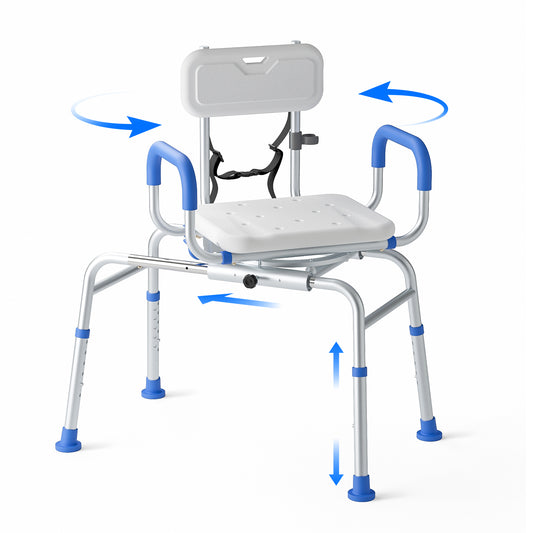 Loyoda Sliding Shower Chair Tub Transfer Bench with Swivel Seat Padded Armrest and Backrest for Handicap & Seniors