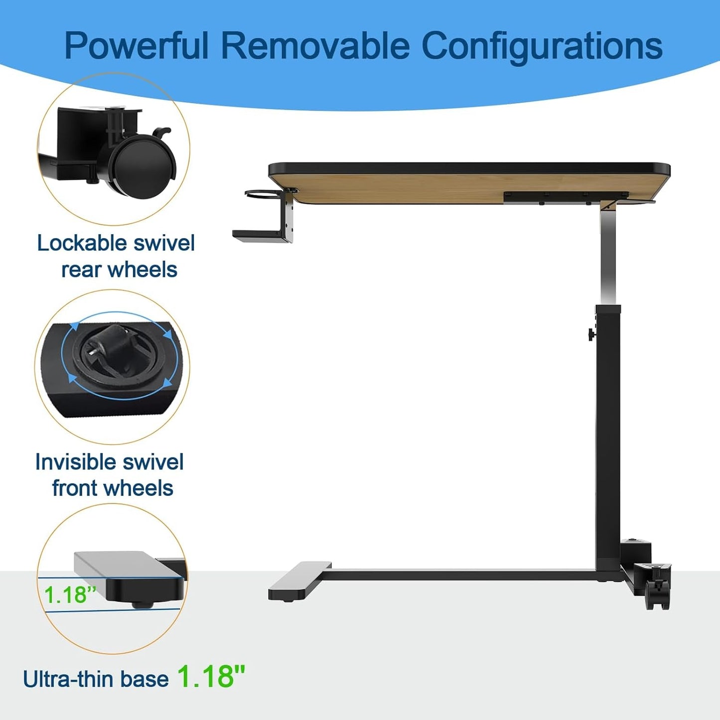 Loyoda Adjustable Overbed Table with Lockable Wheels & Cup Holder, Walnut