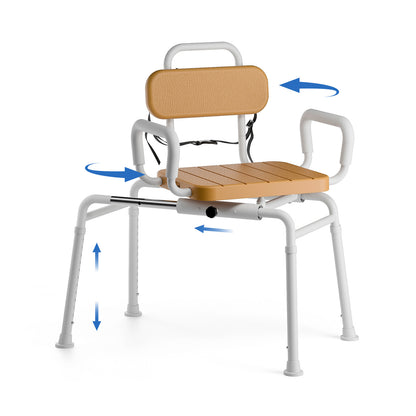 Sliding Shower Chair with Swivel Seat, Slide Bathtub Transfer, for Elderly and Disabled, with Security Belt, 360 Rotation, Slides and Rotates, Adjustable Height,350lb Capacity, Brown