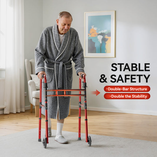 Loyoda Folding Walker for Seniors | 5'' Wheels, Height & Width Adjustable, 350 lb, Red