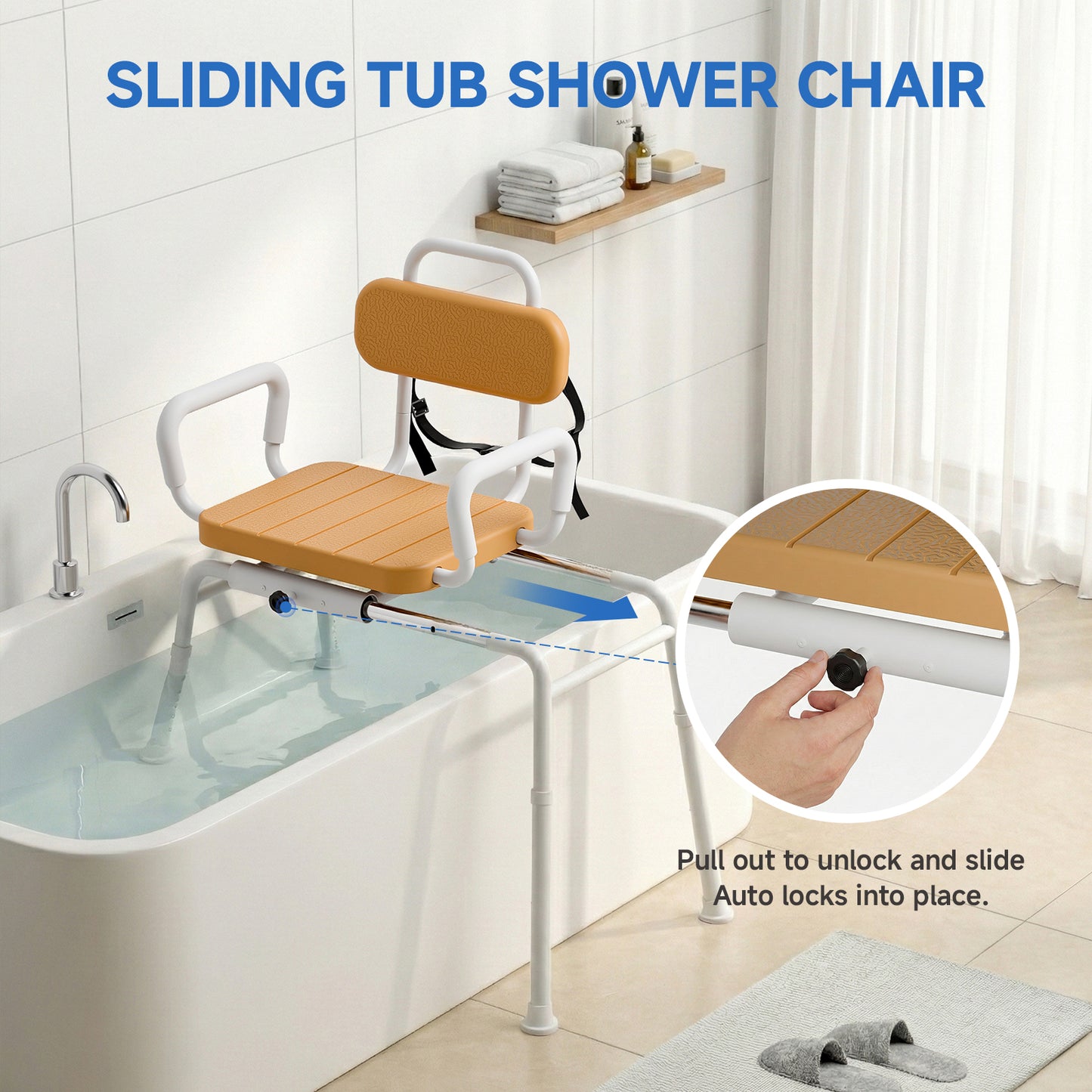 Sliding Shower Chair with Swivel Seat, Slide Bathtub Transfer, for Elderly and Disabled, with Security Belt, 360 Rotation, Slides and Rotates, Adjustable Height,350lb Capacity, Brown