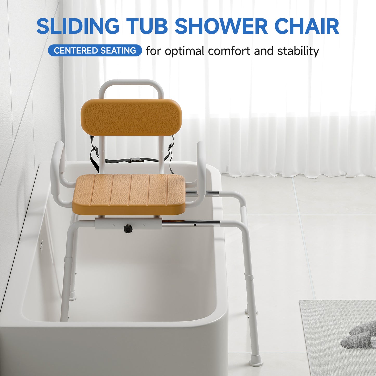 Sliding Shower Chair with Swivel Seat, Slide Bathtub Transfer, for Elderly and Disabled, with Security Belt, 360 Rotation, Slides and Rotates, Adjustable Height,350lb Capacity, Brown