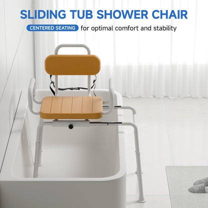 Sliding Shower Chair with Swivel Seat, Slide Bathtub Transfer, for Elderly and Disabled, with Security Belt, 360 Rotation, Slides and Rotates, Adjustable Height,350lb Capacity, Brown
