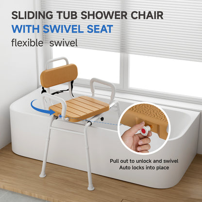 Sliding Shower Chair with Swivel Seat, Slide Bathtub Transfer, for Elderly and Disabled, with Security Belt, 360 Rotation, Slides and Rotates, Adjustable Height,350lb Capacity, Brown