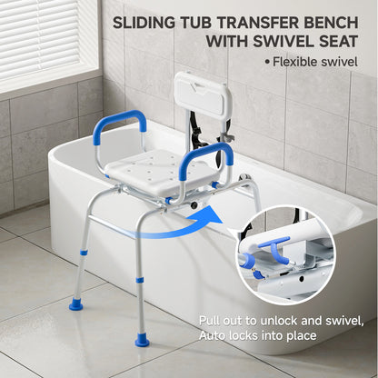 Loyoda Sliding Shower Chair Tub Transfer Bench with Swivel Seat Padded Armrest and Backrest for Handicap & Seniors
