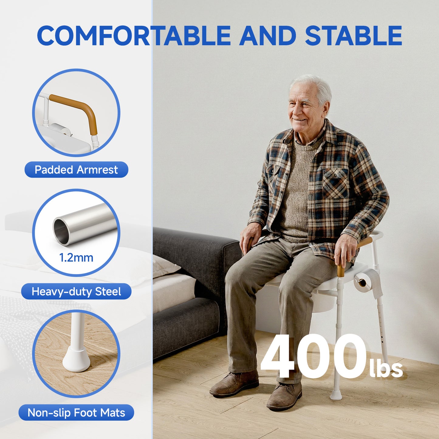 Loyoda Bedside Commode Chair for Seniors, 400 lbs Capacity, Portable Toilet with Padded Seat & Armrests, Removable 5L Bucket, Adjustable Height & Width