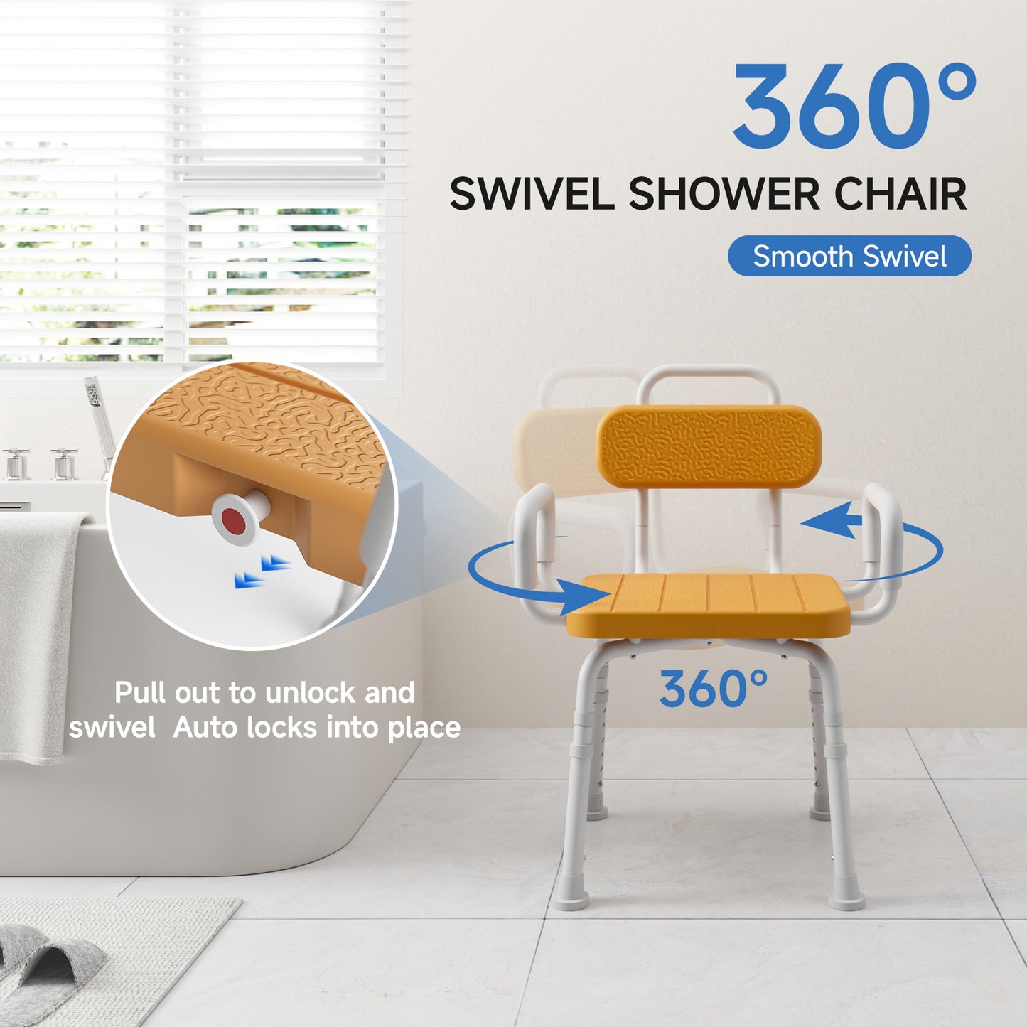 Loyoda Heavy Duty 360 Swivel Shower Chair - 350 lbs Weight Capacity, Aluminum Rotating Bath Stool with Back and Arms, Waterproof & Rust-Proof for Elderly Safety