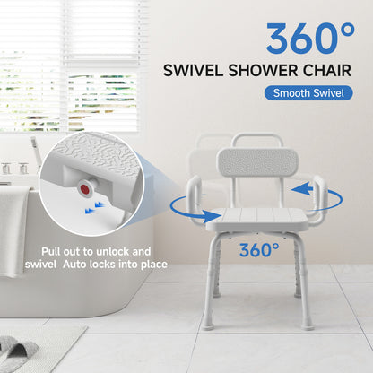 Loyoda 360° Swivel Shower Chair for Elderly with Arms - 350 lbs Capacity, Heavy-Duty Aluminum Bath Stool, Adjustable Height & Non-Slip Feet for Safe Rotating Seat