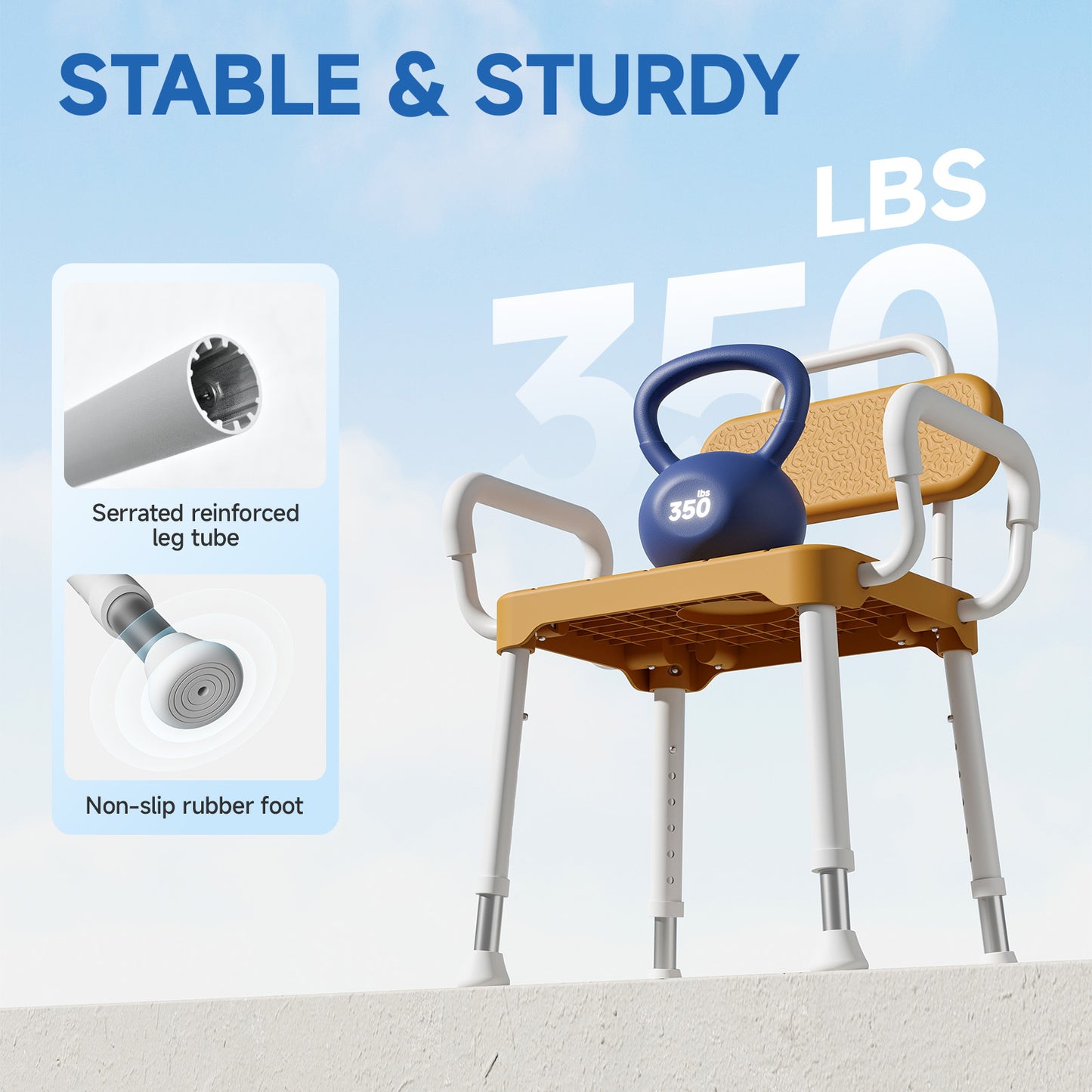 Loyoda Heavy Duty Aluminum Shower Chair with Back - 350 lbs Weight Capacity, Waterproof & Non-Slip Bath Stool for Seniors