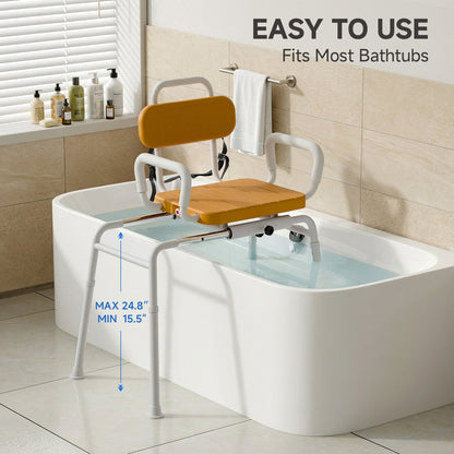 Sliding Shower Chair with Swivel Seat, Slide Bathtub Transfer, for Elderly and Disabled, with Security Belt, 360 Rotation, Slides and Rotates, Adjustable Height,350lb Capacity, Brown
