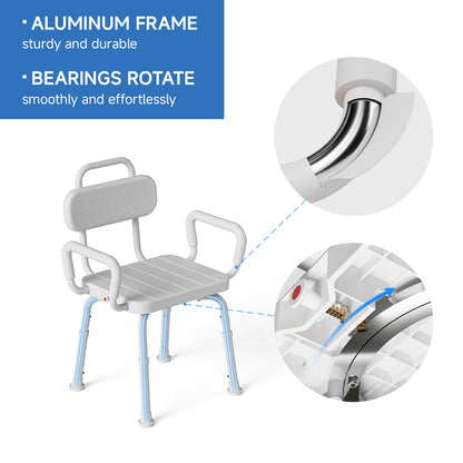 Loyoda 360° Swivel Shower Chair for Elderly with Arms - 350 lbs Capacity, Heavy-Duty Aluminum Bath Stool, Adjustable Height & Non-Slip Feet for Safe Rotating Seat