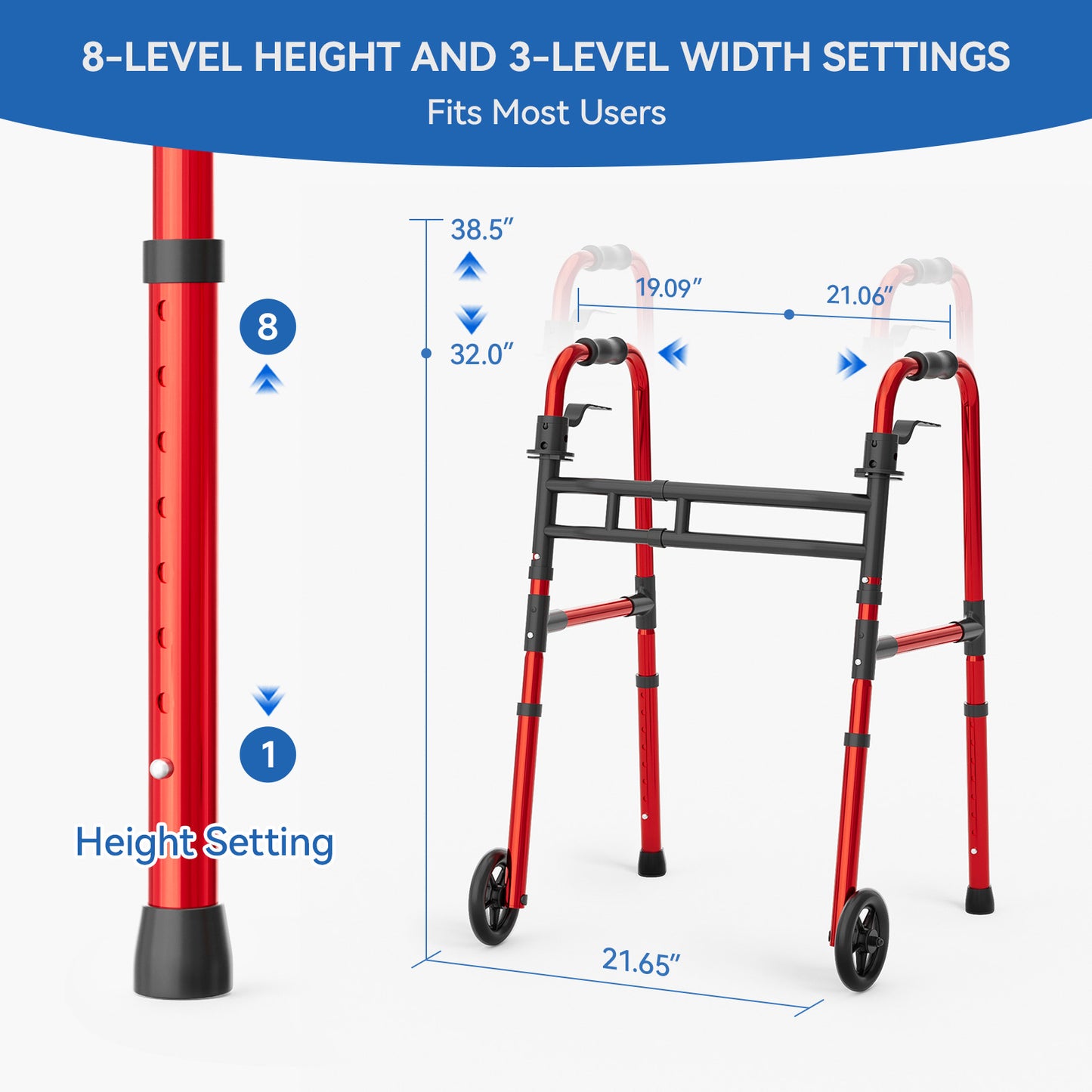 Loyoda Folding Walker for Seniors | 5'' Wheels, Height & Width Adjustable, 350 lb, Red