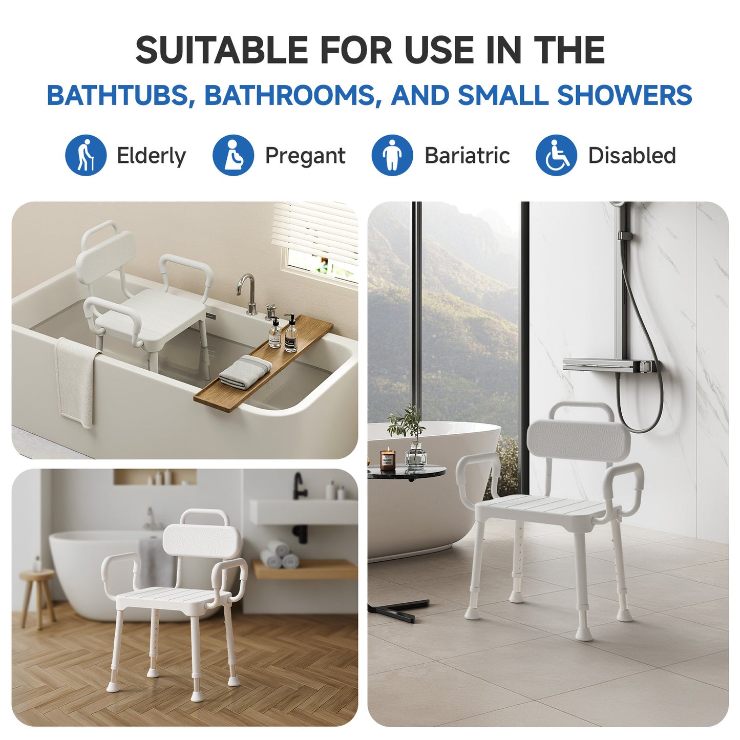 Loyoda Aluminum Shower Chair for Elderly - 350 lbs Capacity, Bath Stool with Back and Arms, Non-Slip Rubber Tips & Waterproof Rust-Proof Design for Safe Bathroom Use