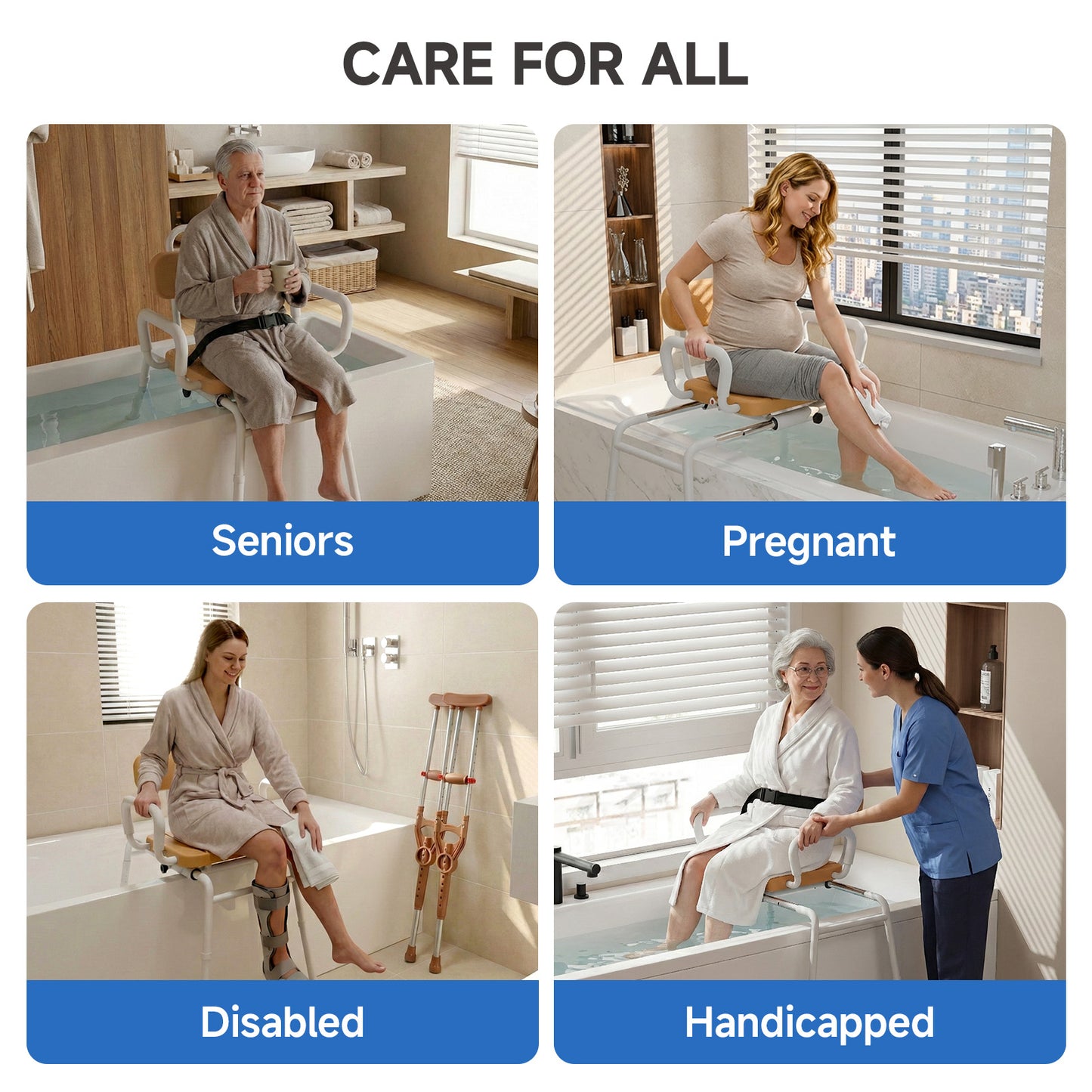 Sliding Shower Chair with Swivel Seat, Slide Bathtub Transfer, for Elderly and Disabled, with Security Belt, 360 Rotation, Slides and Rotates, Adjustable Height,350lb Capacity, Brown