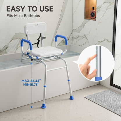 Loyoda Sliding Shower Chair Tub Transfer Bench with Swivel Seat Padded Armrest and Backrest for Handicap & Seniors