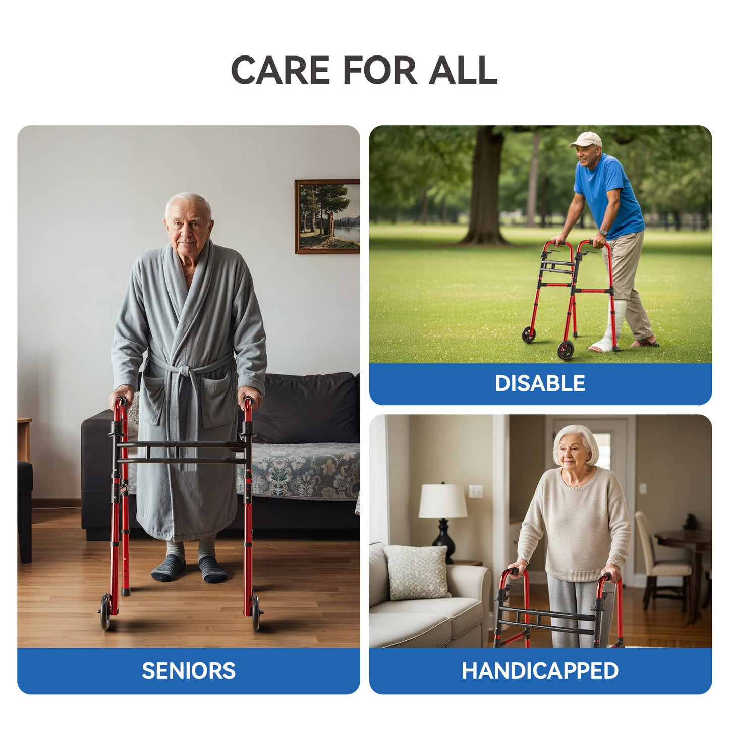 Loyoda Folding Walker for Seniors | 5'' Wheels, Height & Width Adjustable, 350 lb, Red