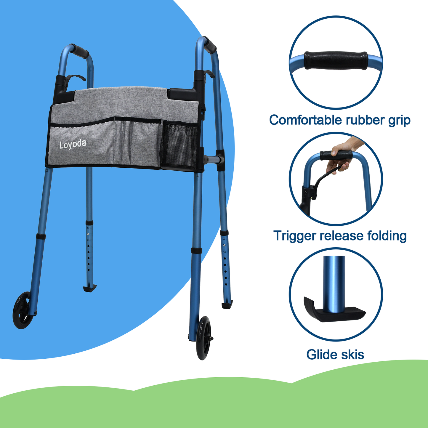 Loyoda Aluminium Walker with Wheels & Bag - Foldable, Lightweight, 160kg (350 lbs) Capacity, Rust-Proof