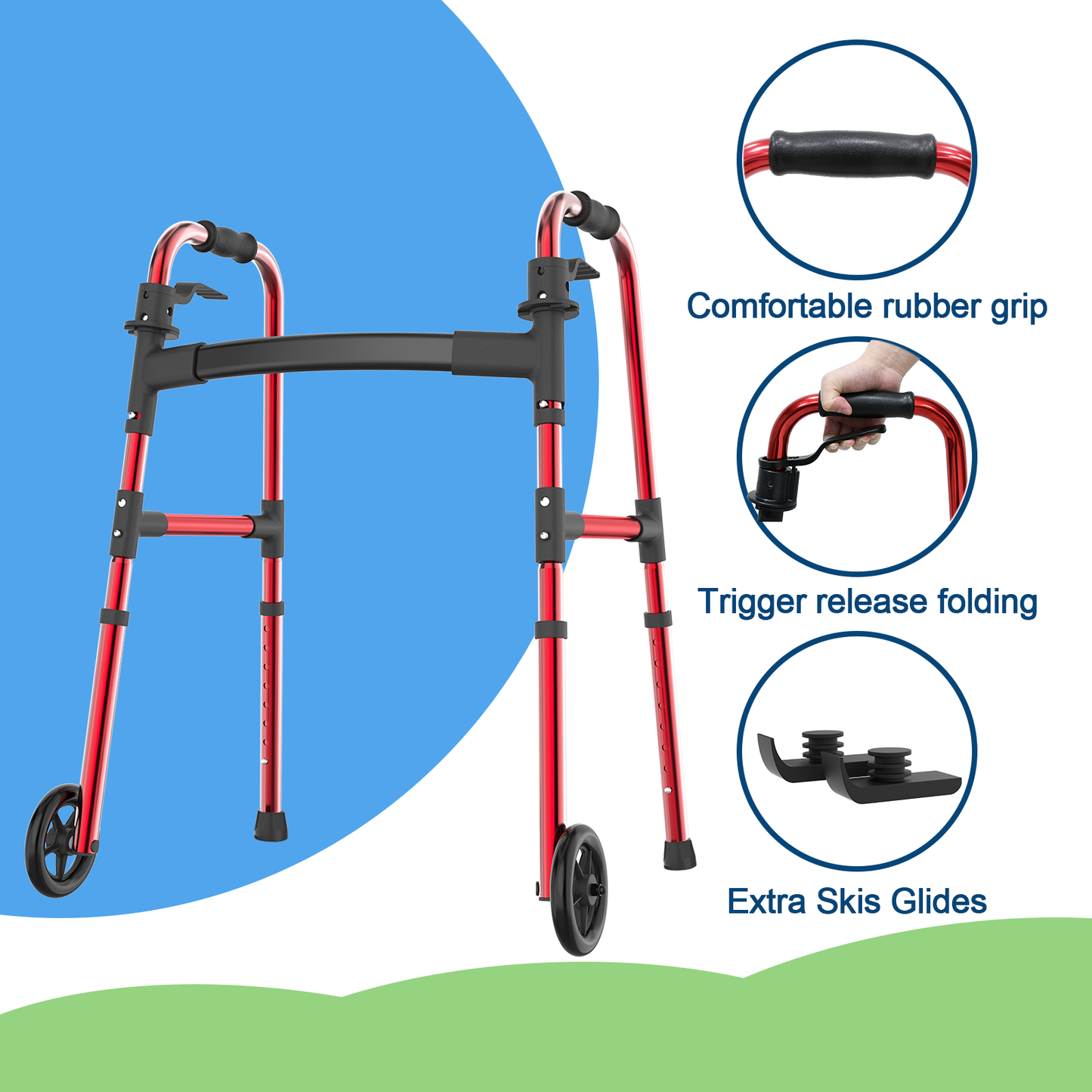 Loyoda Aluminium Walker with 2 Front Wheels - Foldable, Lightweight & Rust-Proof, 160kg (350 lbs) Capacity