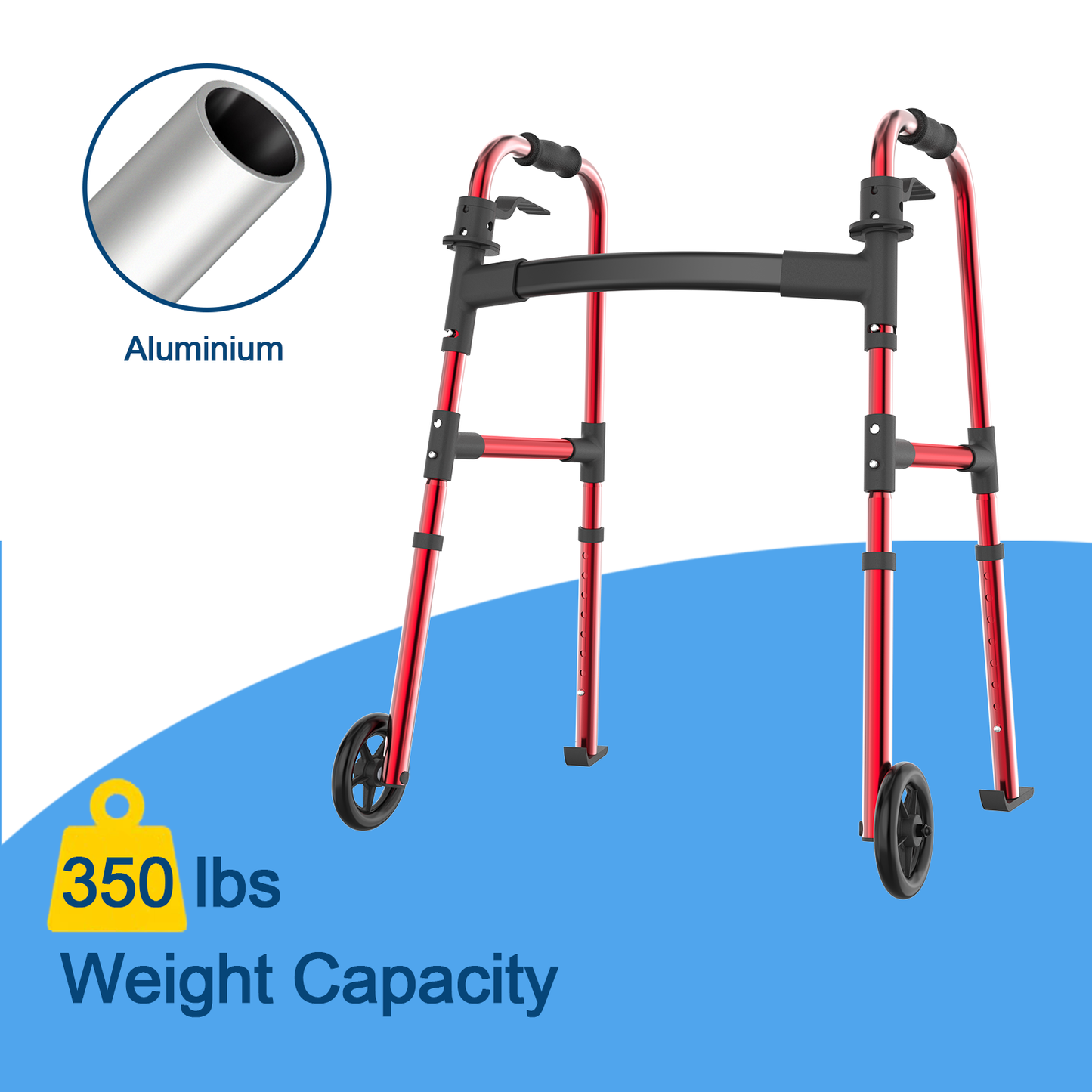 Loyoda Aluminium Walker with 2 Front Wheels - Foldable, Lightweight & Rust-Proof, 160kg (350 lbs) Capacity