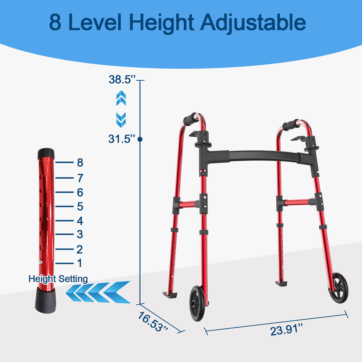 Loyoda Aluminium Walker with 2 Front Wheels - Foldable, Lightweight & Rust-Proof, 160kg (350 lbs) Capacity