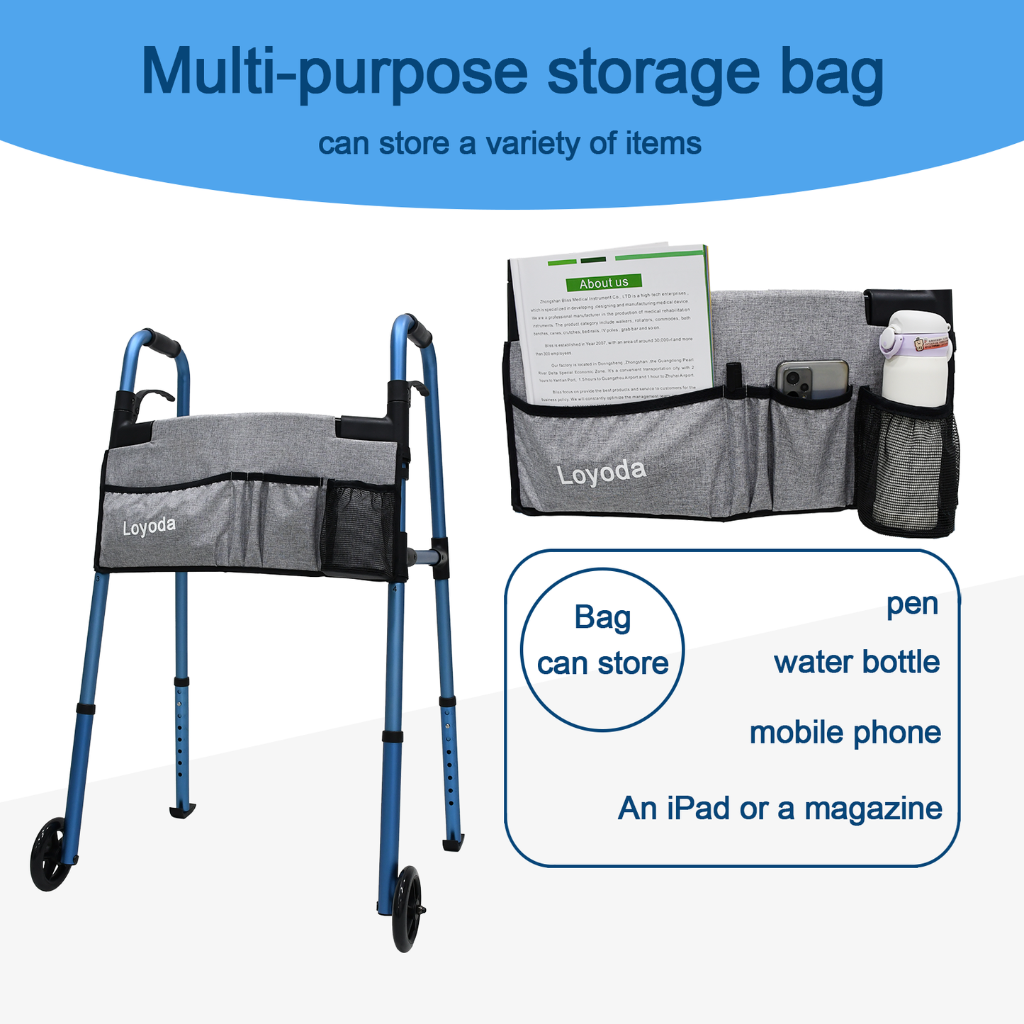 Loyoda Aluminium Walker with Wheels & Bag - Foldable, Lightweight, 160kg (350 lbs) Capacity, Rust-Proof