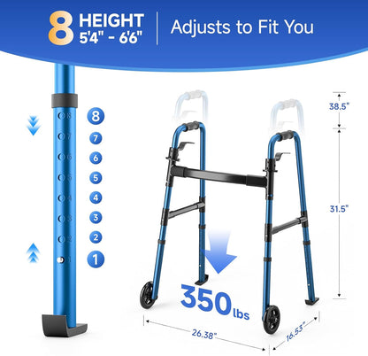 Loyoda Folding Walker with Storage Bag & Ski Glides for Seniors | 5'' Wheels, 350 lb