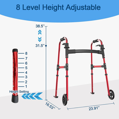 Loyoda Front Wheel Folding Walker with Ski Glides | 5'' Wheels, Height Adjustable, Red