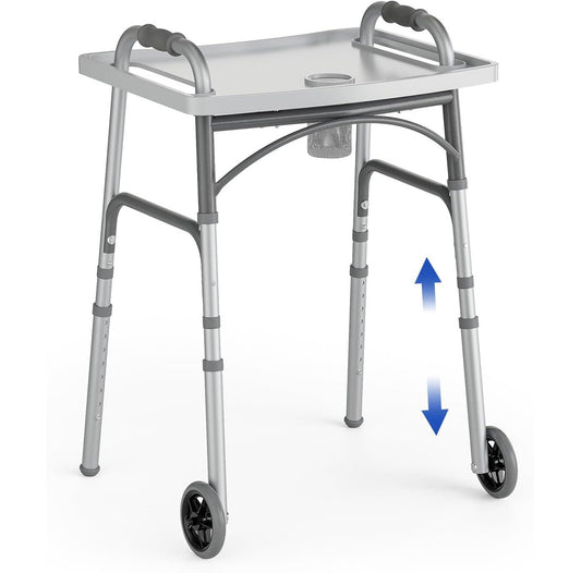 Loyoda Folding Walker with Tray for Seniors | 5'' Wheels, Height Adjustable, 350 lb