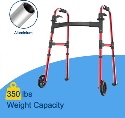 Loyoda Front Wheel Folding Walker with Ski Glides | 5'' Wheels, Height Adjustable, Red