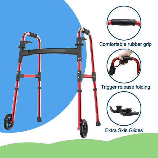 Loyoda Front Wheel Folding Walker with Ski Glides | 5'' Wheels, Height Adjustable, Red