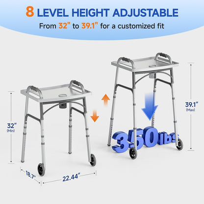 Loyoda Folding Walker with Tray for Seniors | 5'' Wheels, Height Adjustable, 350 lb